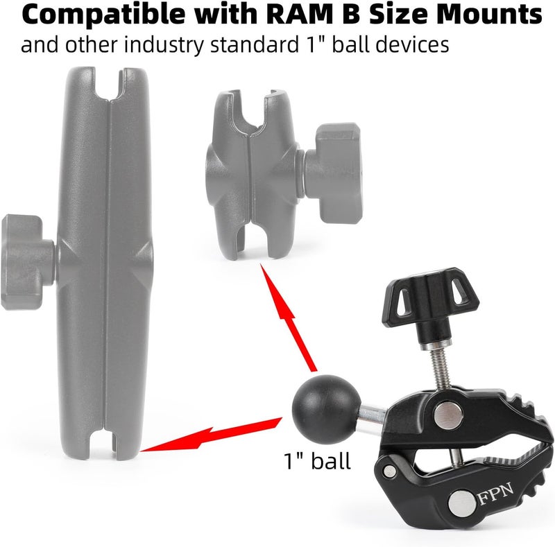 FPN Aluminum Alloy 1" Ball Handlebar Clamp Mount for 0.5-2.0 inch Poles, Compatible with RAM Mounts B Size Double Socket Arm and Motorcycle/Bike Phone Mount - Image 3